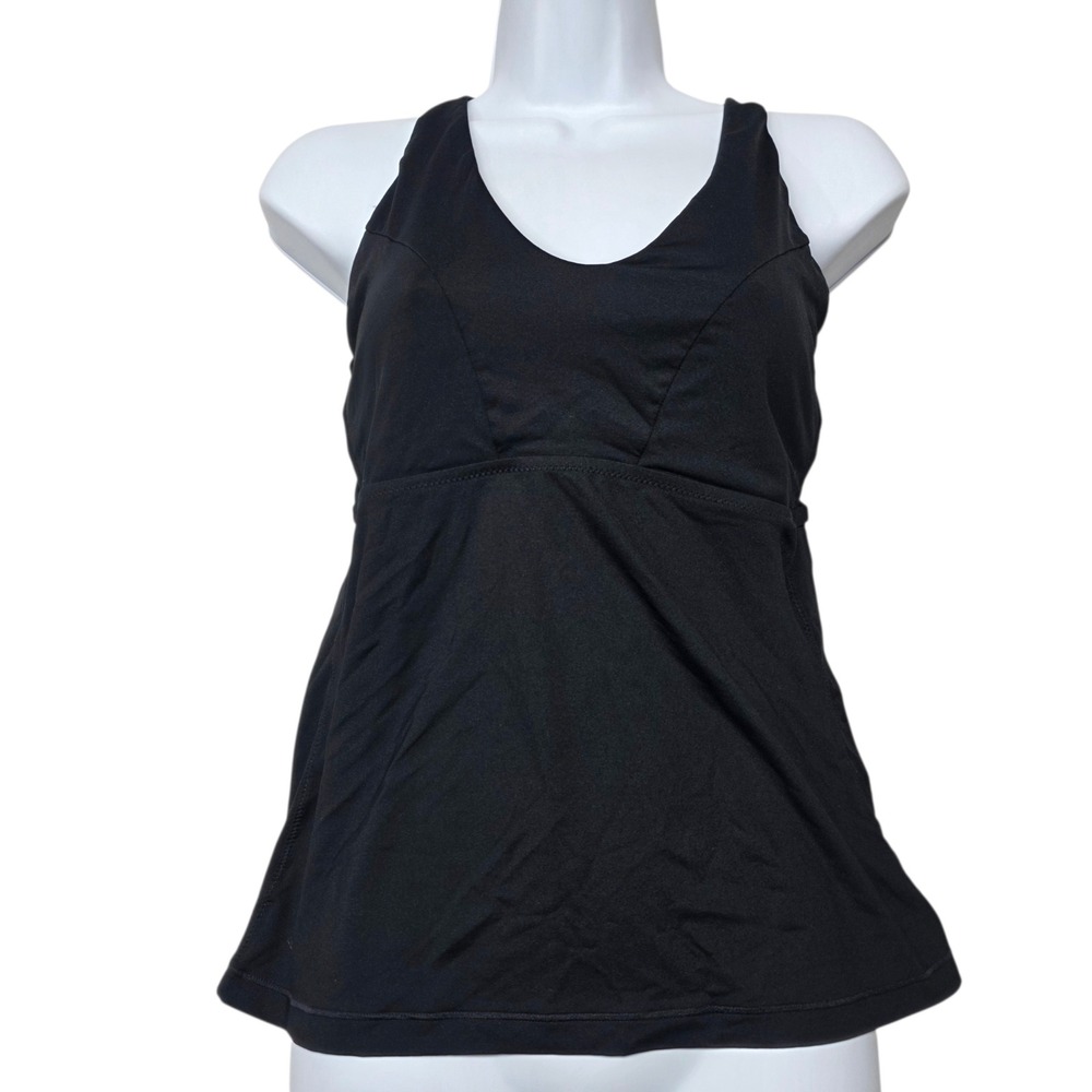Athleta‎ Tankini Top Women M Black Strappy Lace Up Back Swimwear V-Neck